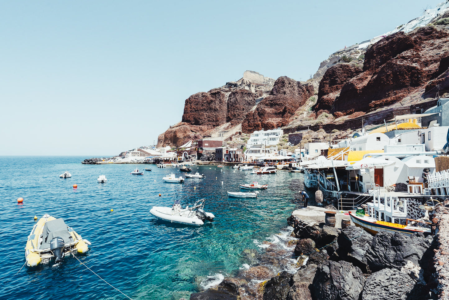 The bay is a well known site on the island, and is often cited as an excellent location for viewing the sunset. The bay is also known for the 200 steps leading from the base of the feature to the town of Oia on the cliffs above. Due to the locale's importance to local tourism, the base of the bay's cliffs is dotted with buildings belonging to the village of Ormos Armeni, and many sailing tours use Amoudi as their staging point.